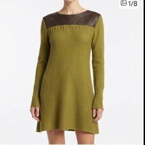 Santiago Knits Cashmere Blend Hand-Loomed Dress Olive Leather Trimmed 3/SM